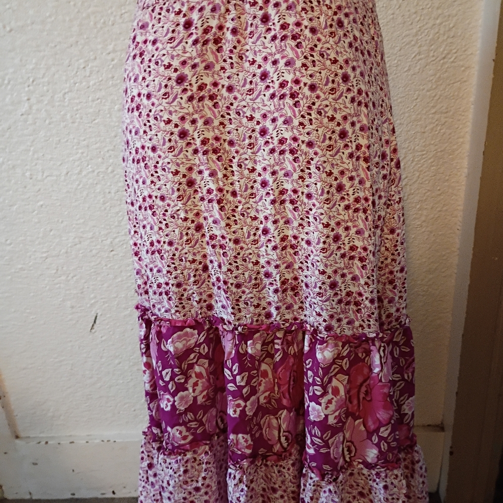 Free People Floral Pink Long Maxi Skirt S 4 6 Tiered Ruffle Boho - Picture 8 of 9